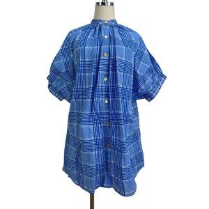 Never A Wallflower Elastic Sleeve Dress Blue Plaid Printed Cotton